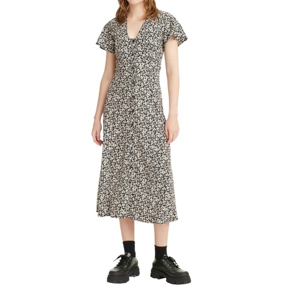 Levi's Brooks Caviar 90s Midi Dress Black White Daisy Floral Button Front V-Neck - Picture 3 of 12